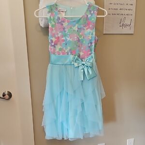 Bonnie Jean Aqua and Floral Dress with Bow